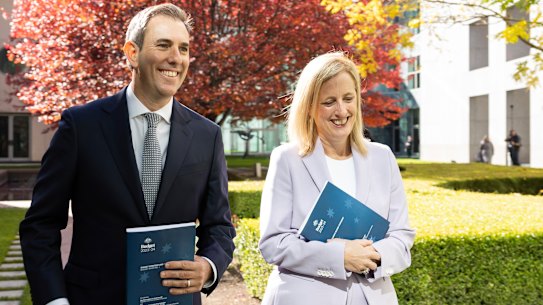 Treasurer Jim Chalmers and Finance Minister Katy Gallagher on budget day in May. The government could deliver the largest surplus in history.