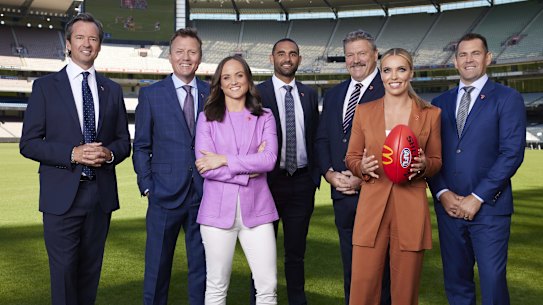 Seven’s AFL commentary team for 2023 - Hamish McLachlan, James Brayshaw, Daisy Pearce, Shaun Burgoyne, Brian Taylor, Abbey Holmes and Luke Hodge.