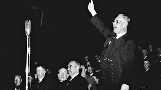 John Curtin’s speaks at a rally on 12 October 1942. Audiotapes of his speeches are under threat.