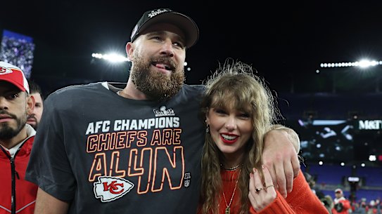 Travis Kelce and Swift after the Kansas City Chiefs won the AFC championship.
