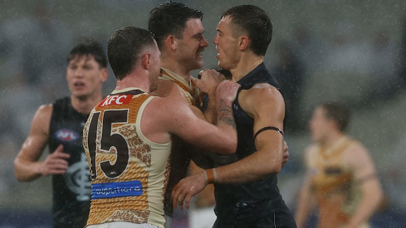 AFL LIVE: ‘Footy IQ shines through’ as Ginnivan, Hawks lead Blues in torrential rain at MCG