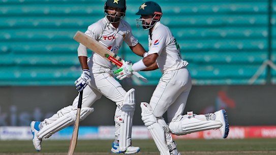 Babar Azam and Abdullah Shafique in action on day four of the second Test in Karachi. 