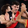 MELBOURNE, AUSTRALIA - JULY 17: Liam McMahon of the Bombers celebrates a goal during the round 19 AFL match between Essendon Bombers and GWS Giants at Marvel Stadium on July 17, 2025 in Melbourne, Australia. (Photo by Morgan Hancock/Getty Images)
