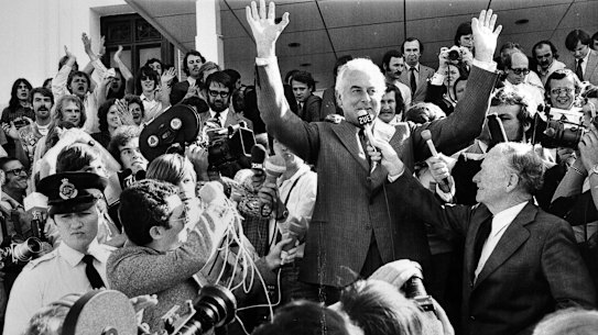 Gough Whitlam on the steps of Parliament after his dismissal in 1975.