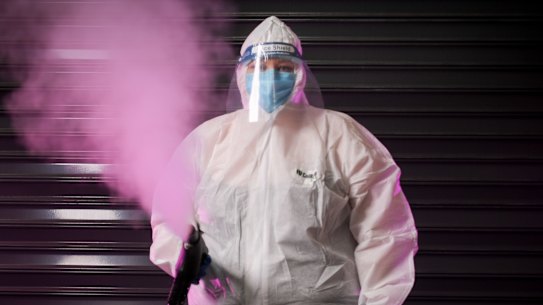 Trudi Brown (with steaming machine) is part of a team of "trauma cleaners" at STC Services who normally decontaminate crime scenes across Melbourne now turning their attention to COVID-19.