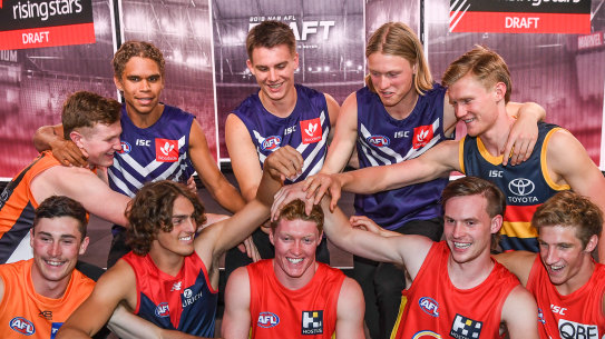Top 10 of 2019: (back, left to right) Tom Green, Liam Henry, Caleb Serong, Hayden Young, Fischer McAsey, (front) Lachie Ash, Luke Jackson, Matt Rowell, Noah Anderson and Dylan Stephens. 