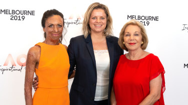 Turia Pitt (L) Kim Clijsters and Ita Buttrose (R) during the Inspirational Series brunch.
