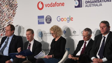 The regulator panel at the National Small Business Summit included, from left: Chris Jordan of the Australian Taxation Office, John Price of the Australian Securities and Investments Commission, Fair Work Ombudsman Sandra Parker, Rod Sims of the Australian Competition and Consumer Commission, and David Locke of the Australian Financial Complaints Authority.