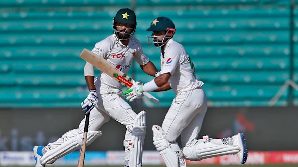 Babar Azam and Abdullah Shafique in action on day four of the second Test in Karachi. 