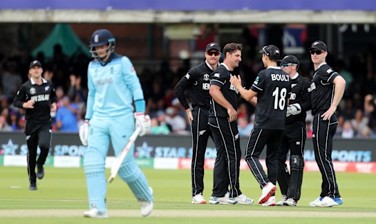 New Zealand celebrate the dismissal of England's Joe Root.