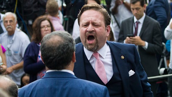Radio host Sebastian Gorka yells at Playboy reporter Brian Karem in the White House Rose Garden.