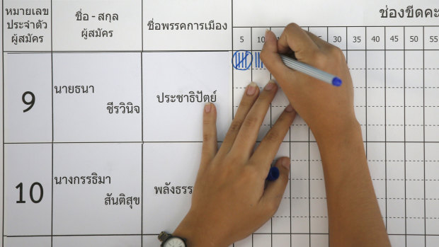 An election officer counts votes at a polling station in Bangkok, Thailand. 
