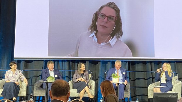 Infrastructure Australia chief executive Romilly Madew speaks about the impact of COVID-19 on infrastructure projects at a business forum in Brisbane on Thursday.