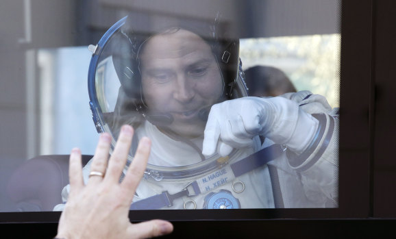 US astronaut Nick Hague says goodbye to relatives prior to launch.