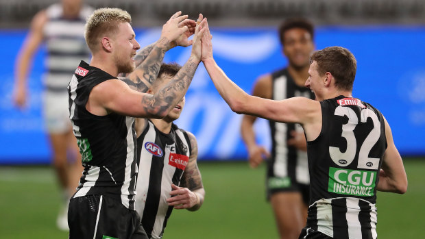 The Pies Jordan De Goey kicked five goals to help his side beat Geelong by 22 points in Perth.