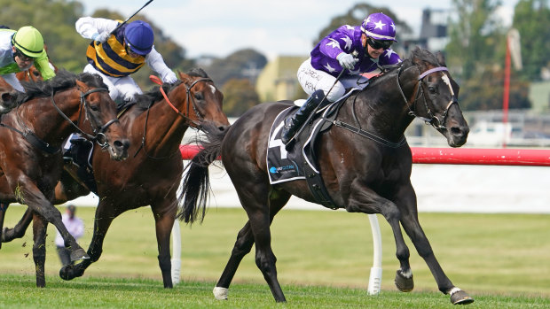 Jockey Jamie Kah rides German stayer Sound to victory in the 2020 Zipping Classic. 