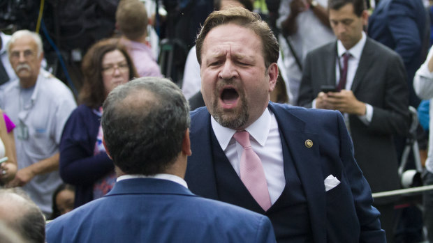 Radio host Sebastian Gorka yells at Playboy reporter Brian Karem in the White House Rose Garden.