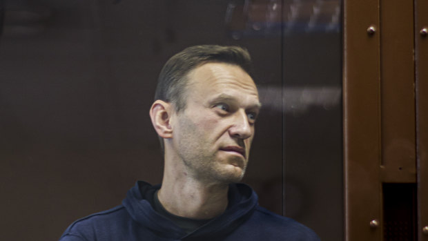 Russian opposition leader Alexei Navalny stands in a cage during his hearing in a Moscow courtroom. 