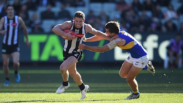 Back in July: Taylor Adams and Andrew Gaff battle it out.