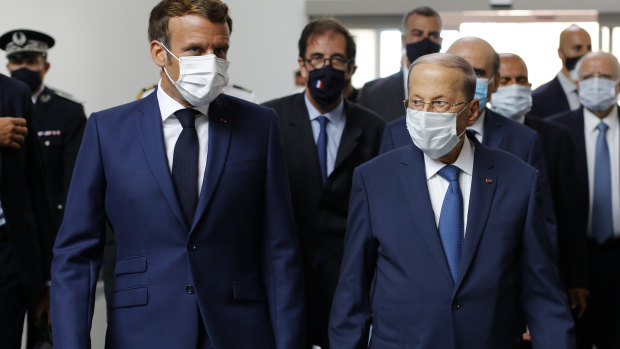 French President Emmanuel Macron, and Lebanese President Michel Aoun at Beirut airport this week. 