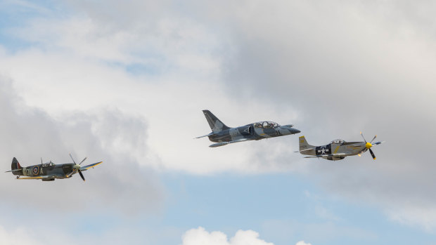 (From left) a 1945 Spitfire, L-39 Albatros and P-51D Mustang take flight.