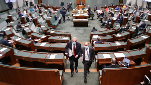 Prime Minister Scott Morrison and Treasurer Josh Frydenberg depart at the end of Question Time on Thursday.