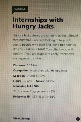 The Hungry Jack's ad for internships.