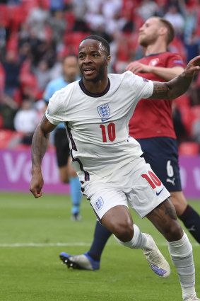 Raheem Sterling celebrates his winner for England against the Czech Republic at Wembley.