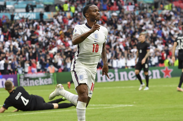 Sterling celebrates after scoring in England’s game against Germany.