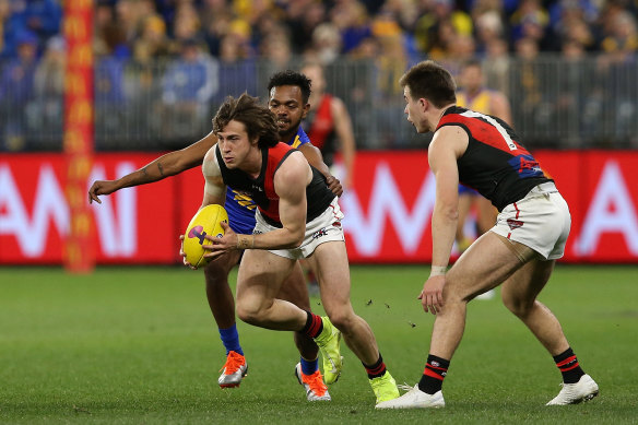 Young Bomber Andrew McGrath bolts against the Eagles.