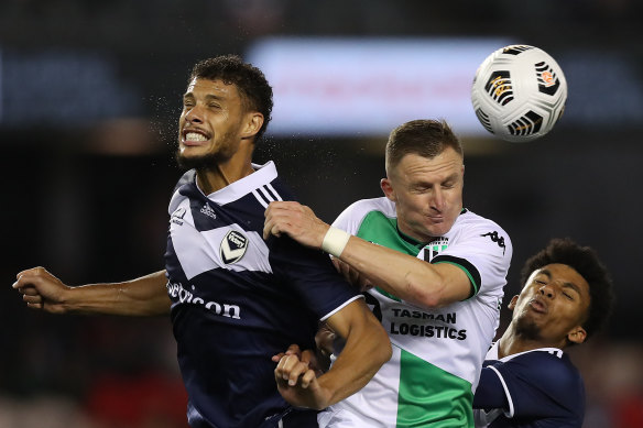 Rudy Gestede (left) vies with Besart Berisha.