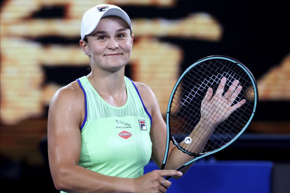 Ash Barty is all smiles after beating Lesia Tsurenko of Ukraine in their first-round match on Monday night.
