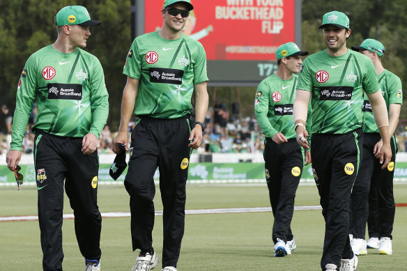 Justin Avendano (right) with fellow Melbourne Stars replacement players Tom Rogers and Xavier Crone after playing the Perth Scorchers in Melbourne on January 2, 2022.