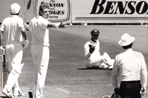 New Zealand's Andrew Jones is controversially caught by Greg Dyer at the MCG off the bowling of Craig McDermott.