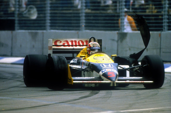 British motor racing legend Nigel Mansell’s world championship dream is ended as his left rear tyre blows out at the 1986 Adelaide Grand Prix.