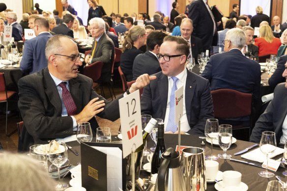 Mike Pezzullo and Alan Joyce during Treasurer Jim Chalmers’ National Press Club address.