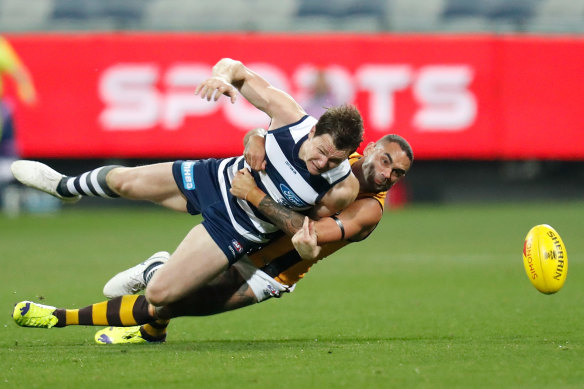Shaun Burgoyne's tackle on Patrick Dangerfield during Geelong's win over Hawthorn is likely to be looked at.