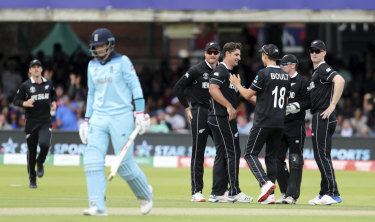 New Zealand celebrate the dismissal of England's Joe Root.