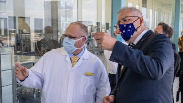Prime Minister Scott Morrison visits a CSL lab in Melbourne this month.