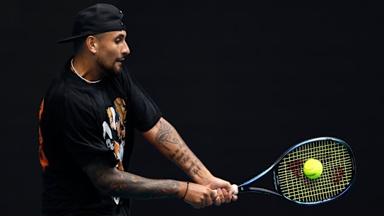 MELBOURNE, AUSTRALIA - JANUARY 12: Nick Kyrgios of Australia plays a backhand shot during a practice session ahead of the 2023 Australian Open at Melbourne Park on January 12, 2023 in Melbourne, Australia. (Photo by Darrian Traynor/Getty Images)
