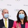 Brisbane lord mayor Adrian Schrinner and then federal Sports Minister Richard Colbeck, with Queensland Premier Annastacia Palaszczuk and John Coates speak to the media after Brisbane was announced as the 2032 Summer Olympics host city in July last year.