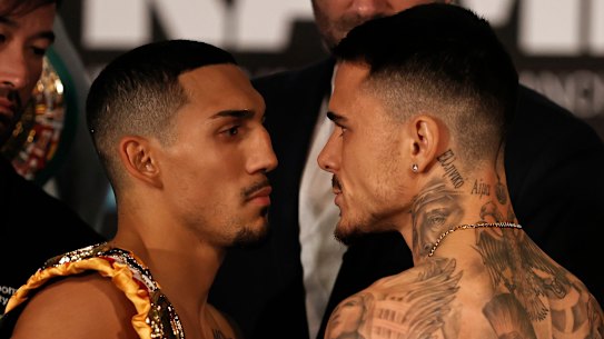 Teofimo Lopez and George Kambosos face off after their weigh-ins.