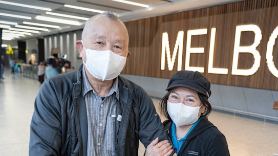 Dr Louis Wong (left) and his wife Winnie So-Wong at Melbourne airport on Thursday.