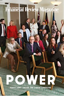 From left: Matt Gregg (Deakin, Vic); Kara Cook (Bonner, Qld); Jo Briskey (Maribyrnong, Vic); Richard Dowling (Tasmania); Julie-Ann Campbell (Moreton, Qld); Rowan Holzberger (Forde, Qld); Anthony Albanese (Prime Minister); Corinne Mulholland (Queensland); Rebecca White (Lyons, Tas); Matt Smith (Leichhardt, Qld); Josh Dolega (Tasmania); Jess Teesdale (Bass, Tas); Ali France (Dickson, Qld); Sarah Witty (Melbourne, Vic); Emma Comer (Petrie, Qld); Madonna Jarrett (Brisbane, Qld); Gabriel Ng (Menzies, Vic); Ellie Whiteaker (Western Australia); Charlotte Walker (South Australia); Zhi Soon (Banks, NSW); Tom French (Moore, WA); Renee Coffey (Griffith, Qld); Alice Jordan-Baird (Gorton, Vic); Claire Clutterham (Sturt, SA); Trish Cook (Bullwinkel, WA); Ash Ambihaipahar (Barton, NSW); Carol Berry (Whitlam, NSW); Basem Abdo (Calwell, Vic); David Moncrieff (Hughes, NSW). 