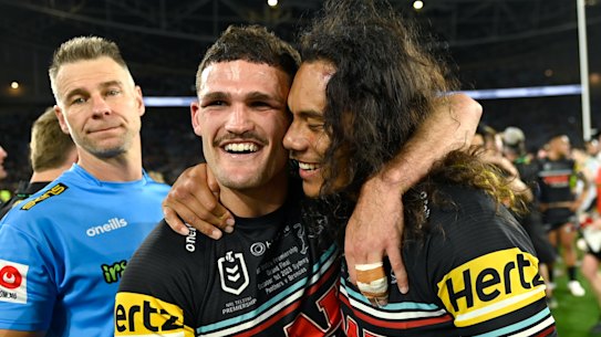 Nathan Cleary and Jarome Luai celebrate victory in last year’s grand final, their third straight premiership win together.