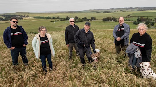 Protesters on Green Hill in Wallan. Spring Hill and the proposed quarry site is in the background.