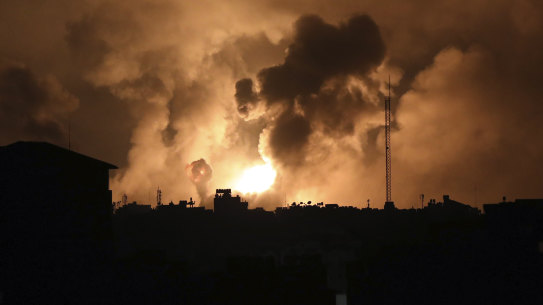 Explosions caused by Israeli airstrikes in the northern Gaza Strip, Friday, Oct. 27, 2023. (AP Photo/Abed Khaled)