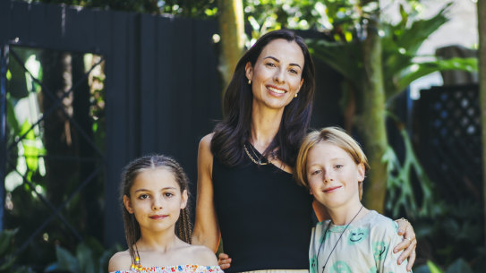 Story is about people who are spending their inheritances or family wealth on climate action through philanthropy and impact investing. Board Director of Groundswell Giving Hannah Skrzynski, with children Hugo Hutchinson 9, and Mia Hutchinson 7, at their home in Bondi, Sunday 21st of January 2024. Photo: Dion Georgopoulos / The Sydney Morning Herald