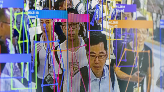 A screen demonstrates facial-recognition technology at the World Artificial Intelligence Conference (WAIC) in Shanghai, China. Companies are being forced to innovate and rely less on prodcuts fro