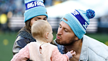 Jai Arrow with partner Berina Colakovic and daughter Ayla at the AFL's Big Freeze game.